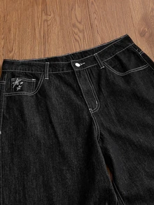 SWAVVY Men's Casual Versatile Letter Embroidered Straight Leg Jeans - Black - View 5