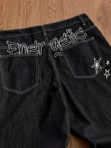 SWAVVY Men's Casual Versatile Letter Embroidered Straight Leg Jeans - Black - View 4