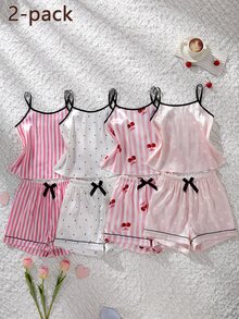 Girls Pajamas Blind Box, Includes 1 Set Of Polka Dot Print, 1 Set Of Heart Print, 1 Set Of Pink & White Striped(4 Sets Randomly Sent 1 Set,) - Multicolor - View 1