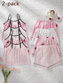 Girls Pajamas Blind Box, Includes 1 Set Of Polka Dot Print, 1 Set Of Heart Print, 1 Set Of Pink & White Striped(4 Sets Randomly Sent 1 Set,) - Multicolor - View 2
