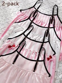 Girls Pajamas Blind Box, Includes 1 Set Of Polka Dot Print, 1 Set Of Heart Print, 1 Set Of Pink & White Striped(4 Sets Randomly Sent 1 Set,) - Multicolor - View 5