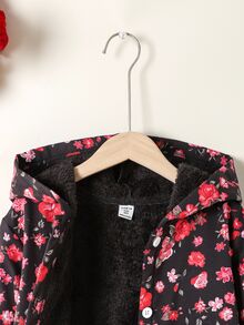 SHEIN 少女長袖抓絨連帽加厚毛絨復古可愛牛仔女孩花卉中長夾克 秋冬假期深紫色校園外套 - 黑色 - 查看 6