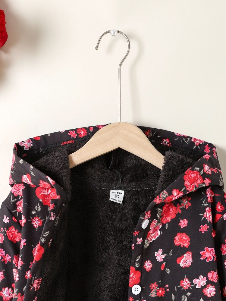 SHEIN Tween Girl Coat Long Sleeve Fleece Hooded Thickened Plush Vintage Cute Cowgirl Floral Mid-Length Jacket Autumn/Winter Holiday Fall Dark Purple School - Black - View 5