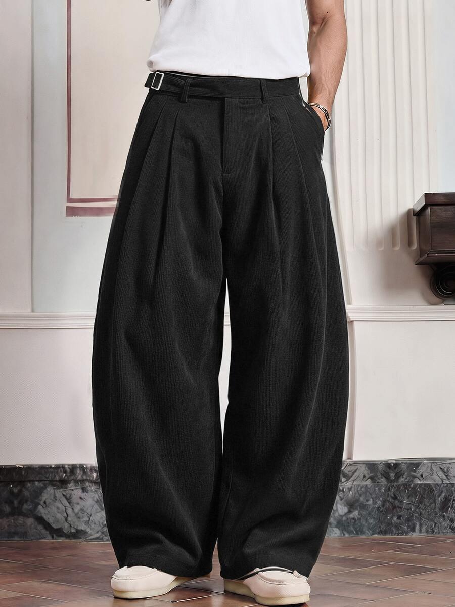 SWAVVY Men's Solid Color Waist Buckle Pleated Wide Leg Long Pants - Black - View 1