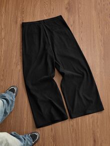 SWAVVY بنطلون رجالي طويل واسع الساق مع طيات وحزام خصر بلون موحد - الأسود - مشاهدة 7