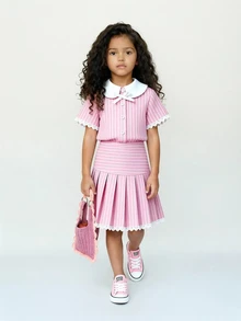 Casuvi Kids Girls' Summer Striped Polo Set, Classic Pink And Brown Striped Combination, Suitable For All Skin Tones - Pink - View 7