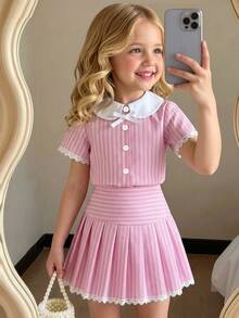 Casuvi Kids Girls' Summer Striped Polo Set, Classic Pink And Brown Striped Combination, Suitable For All Skin Tones - Pink - View 9