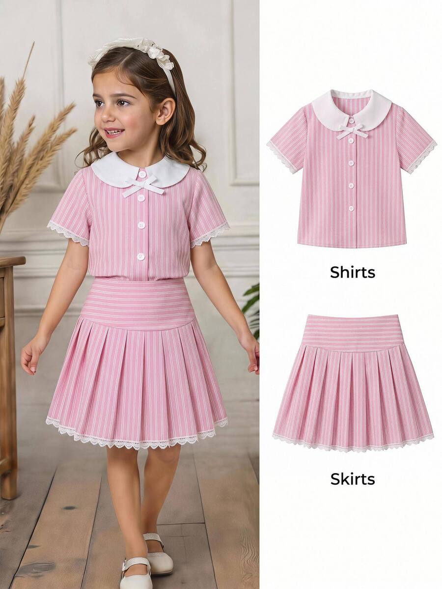 Casuvi Kids Girls' Summer Striped Polo Set, Classic Pink And Brown Striped Combination, Suitable For All Skin Tones - Pink - View 1