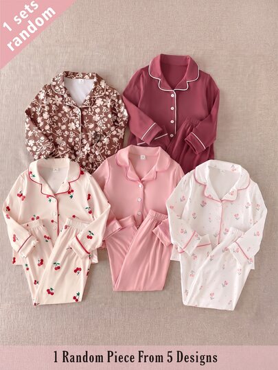 5 Sets Randomly Sent 1 Set Girls Toddler Outfit Fashionable Cute Floral Cherry Print Sweet Gentle Girl Lapel Cardigan Long Sleeve Pants 2 Pieces Set Loungewear