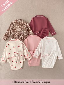 5套隨機發送 1套女童幼兒套裝 時尚可愛花卉櫻桃印花 甜美溫柔風 翻領開襟針織衫長袖褲 2件套居家休閒服 - 彩色 - 查看 2