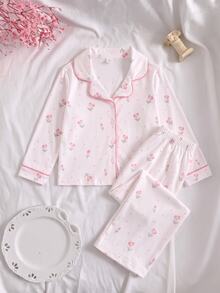 5套隨機發送 1套女童幼兒套裝 時尚可愛花卉櫻桃印花 甜美溫柔風 翻領開襟針織衫長袖褲 2件套居家休閒服 - 彩色 - 查看 4