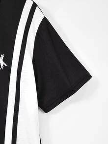 Casuvi Kids 青少年男孩黑白配色拼接垂直條紋 Polo 衫，修身顯瘦，小馬刺繡，翻領，短袖 - 彩色 - 查看 5