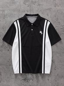 Casuvi Kids 青少年男孩黑白配色拼接垂直條紋 Polo 衫，修身顯瘦，小馬刺繡，翻領，短袖 - 彩色 - 查看 1