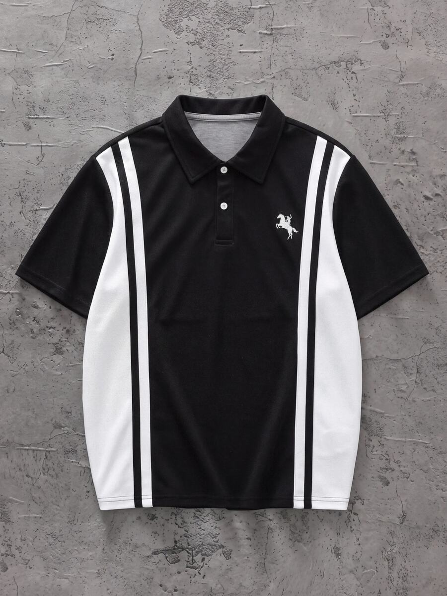 Casuvi Kids 青少年男孩黑白配色拼接垂直條紋 Polo 衫,修身顯瘦,小馬刺繡,翻領,短袖 - 彩色 - 查看 1