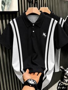 Casuvi Kids 青少年男孩黑白配色拼接垂直條紋 Polo 衫，修身顯瘦，小馬刺繡，翻領，短袖 - 彩色 - 查看 3