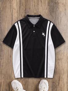 Casuvi Kids 青少年男孩黑白配色拼接垂直條紋 Polo 衫，修身顯瘦，小馬刺繡，翻領，短袖 - 彩色 - 查看 8