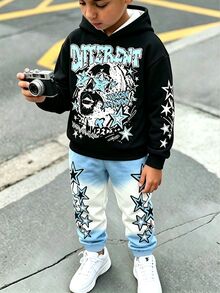 2pcs Tween Boys Hoodie Set Y2K Black Blue Star Print Loose Long Sleeve Hooded Fleece School Streetwear Outfits Autumn Back To School - Multicolor - View 2
