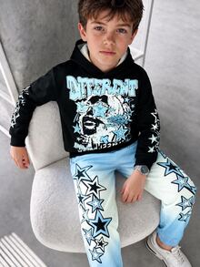 2pcs Tween Boys Hoodie Set Y2K Black Blue Star Print Loose Long Sleeve Hooded Fleece School Streetwear Outfits Autumn Back To School - Multicolor - View 1