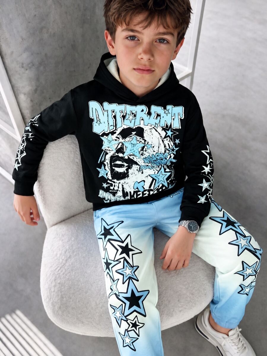 2pcs Tween Boys Hoodie Set Y2K Black Blue Star Print Loose Long Sleeve Hooded Fleece School Streetwear Outfits Autumn Back To School - Multicolor - View 1