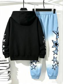 2pcs Tween Boys Hoodie Set Y2K Black Blue Star Print Loose Long Sleeve Hooded Fleece School Streetwear Outfits Autumn Back To School - Multicolor - View 3