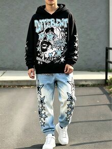 2pcs Tween Boys Hoodie Set Y2K Black Blue Star Print Loose Long Sleeve Hooded Fleece School Streetwear Outfits Autumn Back To School - Multicolor - View 4