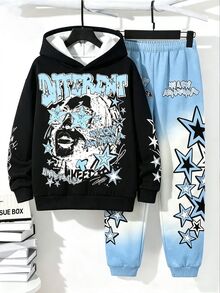 2pcs Tween Boys Hoodie Set Y2K Black Blue Star Print Loose Long Sleeve Hooded Fleece School Streetwear Outfits Autumn Back To School - Multicolor - View 5