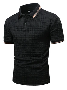 Daypath Men's Jacquard Textured Two-Button Double-Faced Ribbed Collar Polo Shirt, Formal - Black - View 6