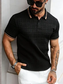 Daypath Men's Jacquard Textured Two-Button Double-Faced Ribbed Collar Polo Shirt, Formal - Black - View 4