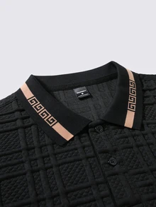 Daypath Men's Jacquard Textured Two-Button Double-Faced Ribbed Collar Polo Shirt, Formal - Black - View 5