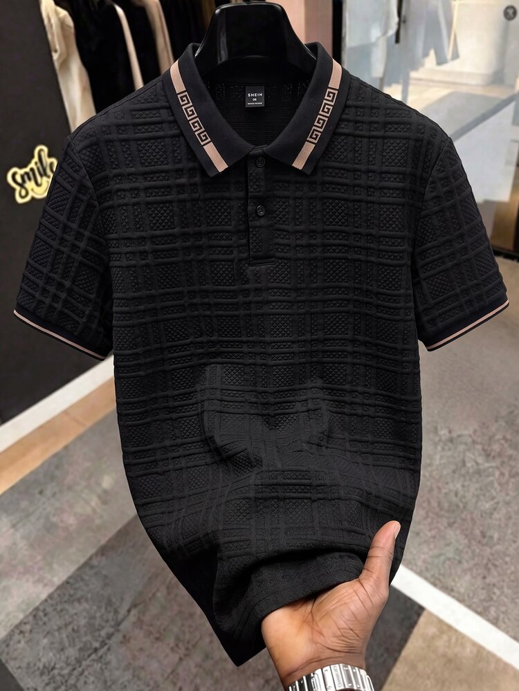 Daypath Men's Jacquard Textured Two-Button Double-Faced Ribbed Collar Polo Shirt, Formal - Black - View 2