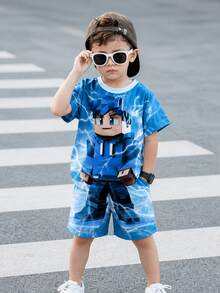 RANDOM  2PCS Coconut Tree Pattern Vacation Shorts Set. Suitable For Beach Trips, Camping, Swimming Pools, And Island Vacations. Suitable For School - Multicolor - View 2