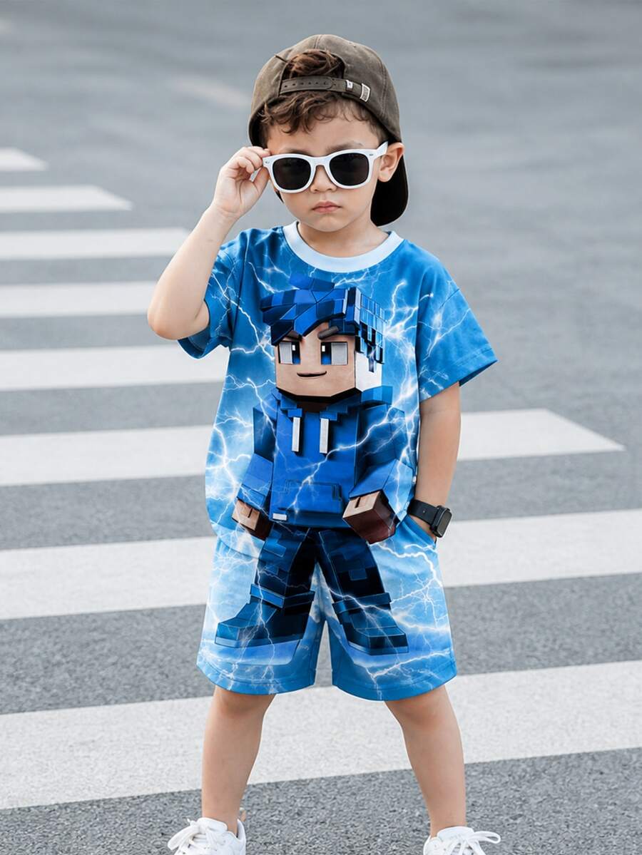 RANDOM  2PCS Coconut Tree Pattern Vacation Shorts Set. Suitable For Beach Trips, Camping, Swimming Pools, And Island Vacations. Suitable For School