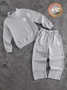 SHEIN Casuvi Kids 2件組男童休閒極簡印花拉鍊半開領套頭衛衣與直筒長褲套裝，適合日常通勤、上學、運動與休閒穿著 - 灰色 - 查看 8