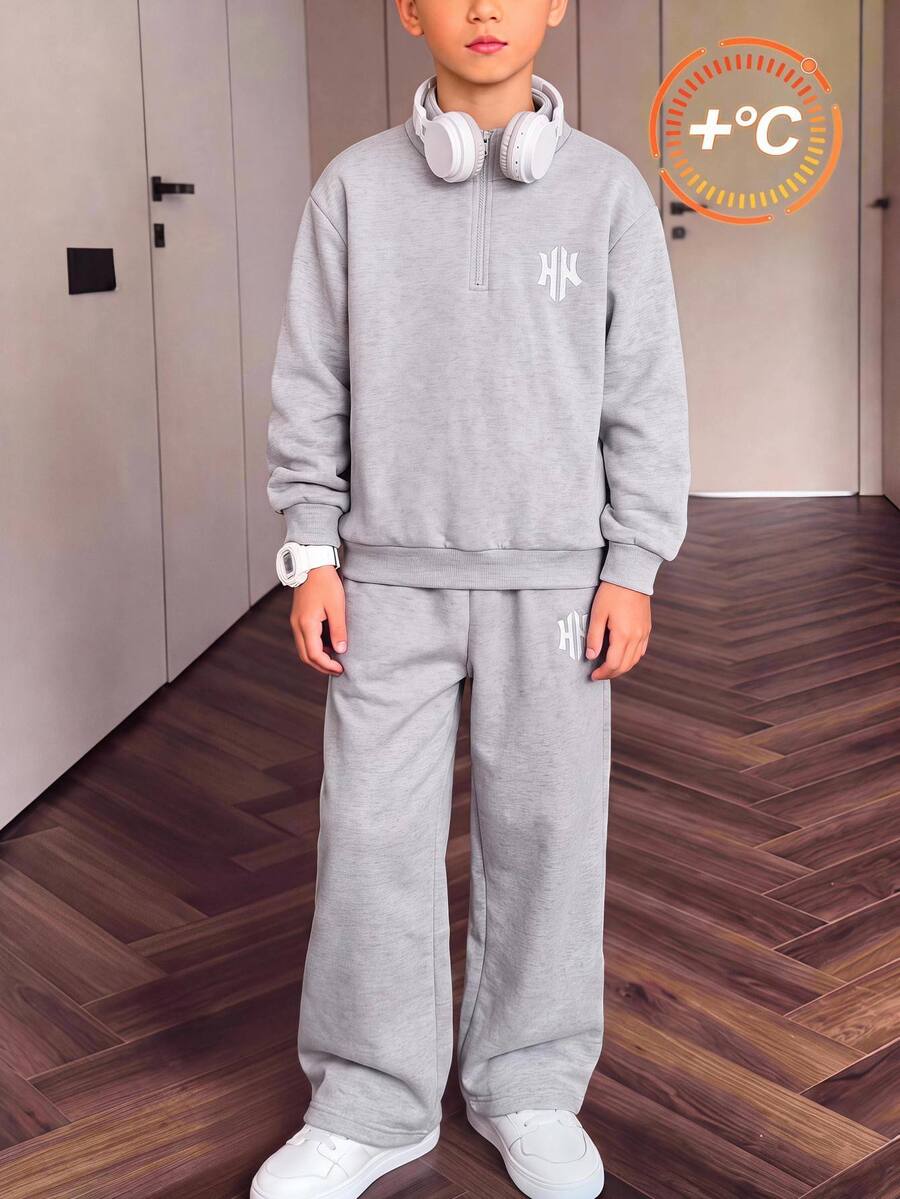 SHEIN Casuvi Kids 2件組男童休閒極簡印花拉鍊半開領套頭衛衣與直筒長褲套裝,適合日常通勤、上學、運動與休閒穿著 - 灰色 - 查看 1