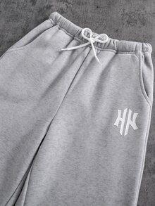 SHEIN Casuvi Kids 2件組男童休閒極簡印花拉鍊半開領套頭衛衣與直筒長褲套裝，適合日常通勤、上學、運動與休閒穿著 - 灰色 - 查看 3