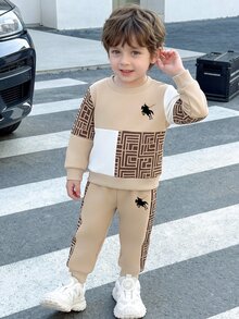 Baby Boy Fall Outfits Geometric Maze Horse Print Color Block Loose Sweatshirt Pants Set Casual Long Sleeve Back To School Sweaters - Multicolor - View 1
