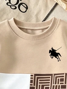 Baby Boy Fall Outfits Geometric Maze Horse Print Color Block Loose Sweatshirt Pants Set Casual Long Sleeve Back To School Sweaters - Multicolor - View 6