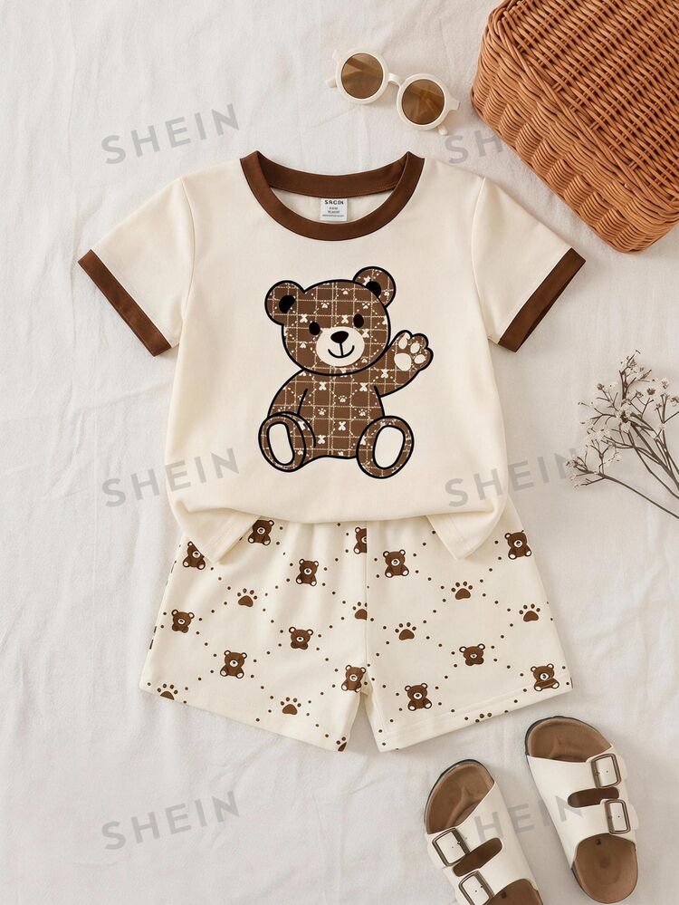 Conjunto casual de 2 piezas para niños con camiseta de cuello redondo de manga corta con estampado de oso y ribete en contraste, y pantalones jogger a juego con patchwork a cuadros en contraste, verano, exterior, deportes, vuelta al colegio - Multicolor - Añade 2
