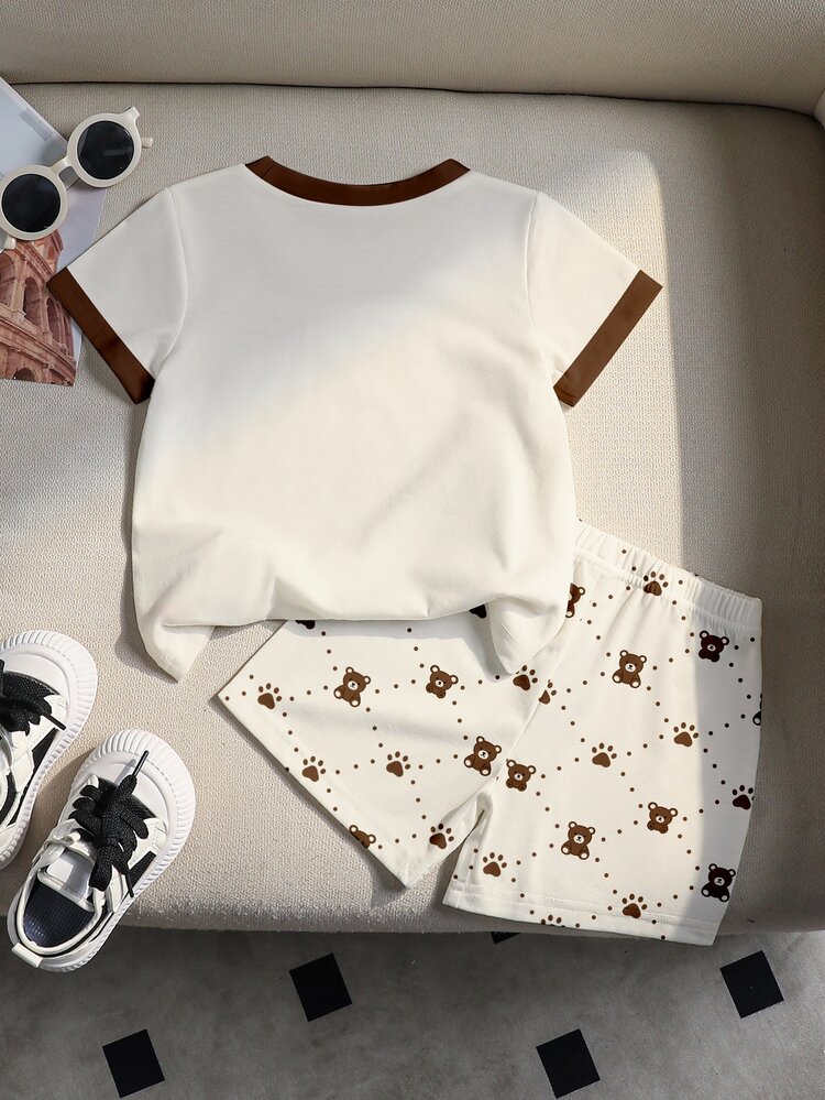 Conjunto casual de 2 piezas para niños con camiseta de cuello redondo de manga corta con estampado de oso y ribete en contraste, y pantalones jogger a juego con patchwork a cuadros en contraste, verano, exterior, deportes, vuelta al colegio - Multicolor - Añade 5