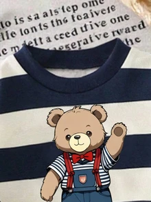 Baby Boys Navy Blue White Striped Bear Print Loose Sweatshirt Set Autumn Long Sleeve Sweaters And Pants Back To School Casual Outfits - Multicolor - View 7