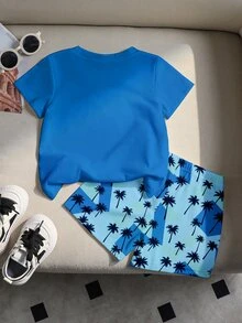 SHEIN RANDOM 1套男嬰彩色度假休閒極簡時尚經典度假椰子樹字母印花圓領T恤與配套短褲全身椰子樹圖案拼色印花套裝，適合春/夏季出遊、度假等 - 彩色 - 查看 7