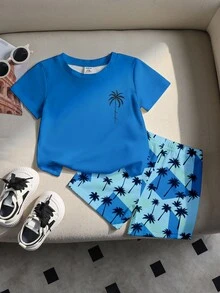 SHEIN RANDOM 1套男嬰彩色度假休閒極簡時尚經典度假椰子樹字母印花圓領T恤與配套短褲全身椰子樹圖案拼色印花套裝，適合春/夏季出遊、度假等 - 彩色 - 查看 4