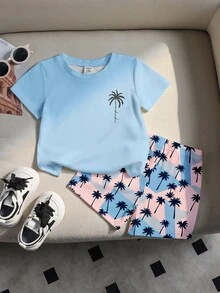 SHEIN RANDOM 1套男嬰彩色度假休閒極簡時尚經典度假椰子樹字母印花圓領T恤與配套短褲全身椰子樹圖案拼色印花套裝，適合春/夏季出遊、度假等 - 彩色 - 查看 3