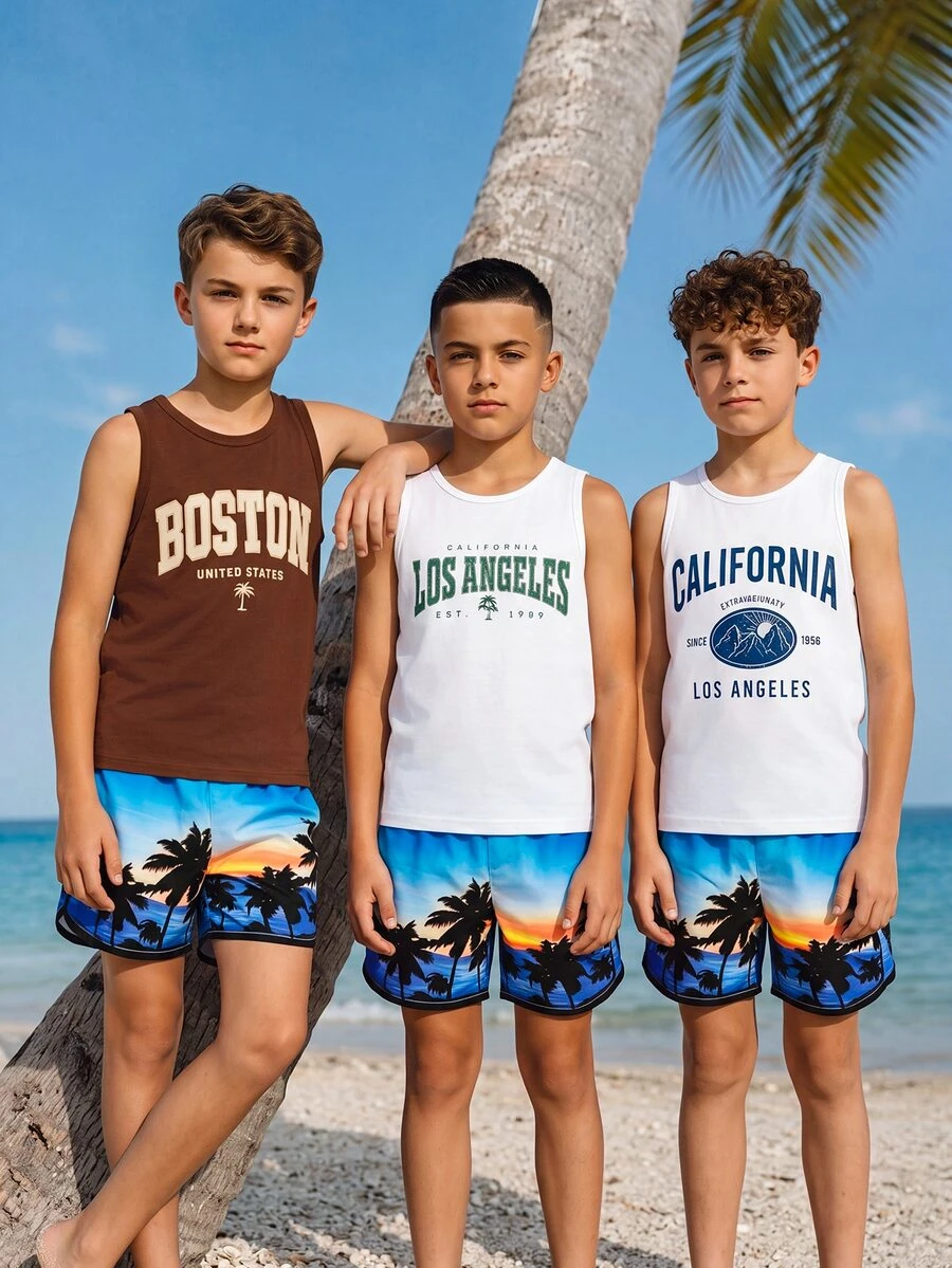 SHEIN Tween Boys 3pcs English Graphic Print Tank Tops, Casual Comfortable Spring Summer, Fashion Style, Suitable For Outings, Outdoor Sports, Picnic - Multicolor - View 1