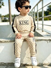 1 Set Baby Boys Casual Bear Geometric Pattern Vintage Colorblock Letter KING Print Crew Neck Long Sleeve Sweatshirt And Matching Pants Set - Multicolor - View 1