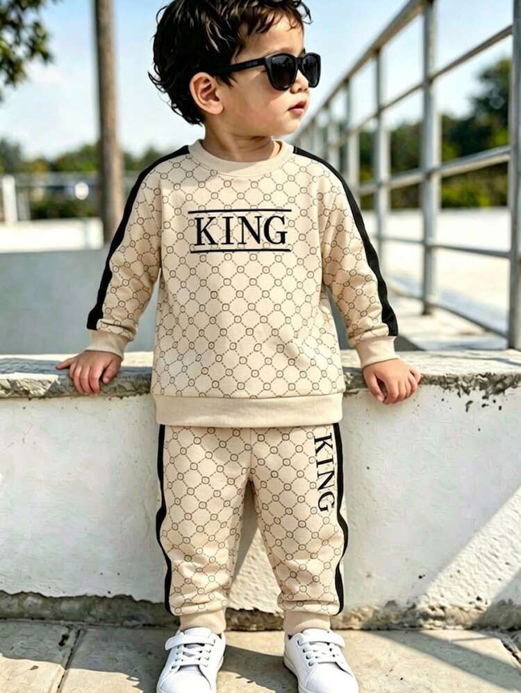 1 Set Baby Boys Casual Bear Geometric Pattern Vintage Colorblock Letter KING Print Crew Neck Long Sleeve Sweatshirt And Matching Pants Set - Multicolor - View 2