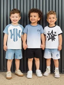 SHEIN 1 Random Set,  Baby Boy Street Fashion Casual Letter Print T-Shirt With Matching Print Shorts Set,Sports, Back To School - Multicolor - View 5
