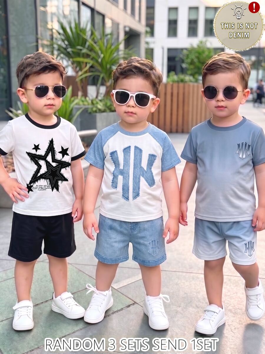 SHEIN 1 Random Set, Baby Boy Street Fashion Casual Letter Print T-Shirt With Matching Print Shorts Set,Sports, Back To School - Multicolor - View 1