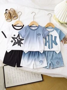 SHEIN 1 Random Set,  Baby Boy Street Fashion Casual Letter Print T-Shirt With Matching Print Shorts Set,Sports, Back To School - Multicolor - View 2