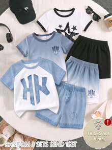 SHEIN 1 Random Set,  Baby Boy Street Fashion Casual Letter Print T-Shirt With Matching Print Shorts Set,Sports, Back To School - Multicolor - View 3
